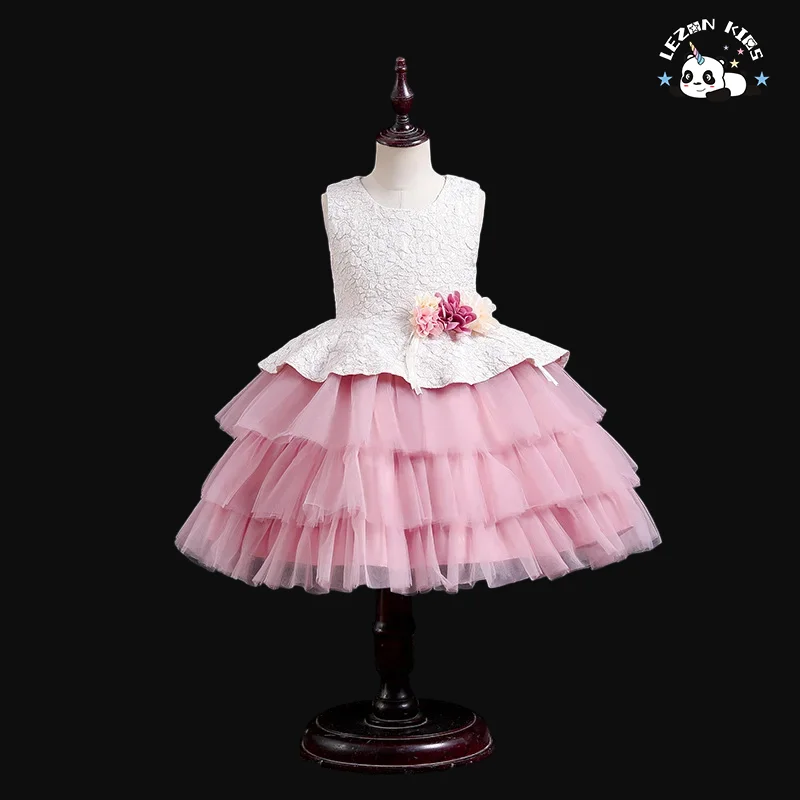 LEZONKIDS - Custom Logo Luxury Princess Girls Party Dress Woolen Cotton Tutu Ruffles Formal Style for Birthday or Party